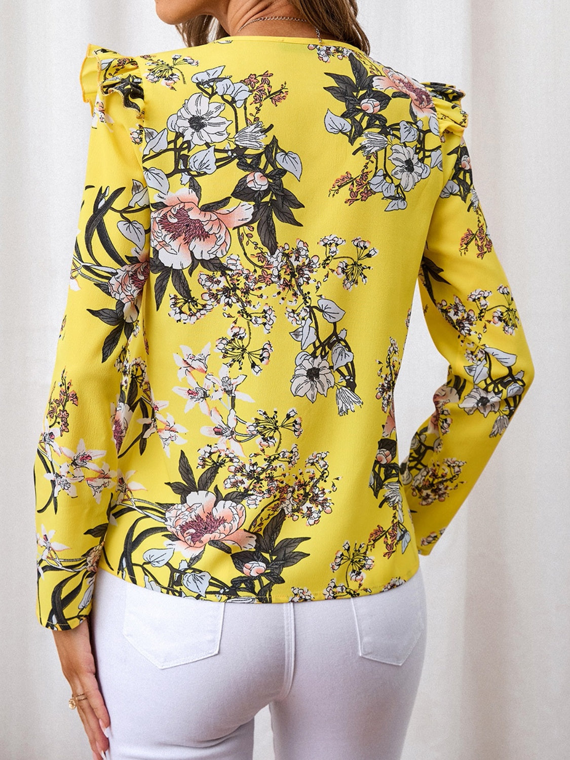Ruffled Printed V-Neck Long Sleeve Blouse - The Goddess Galleries
