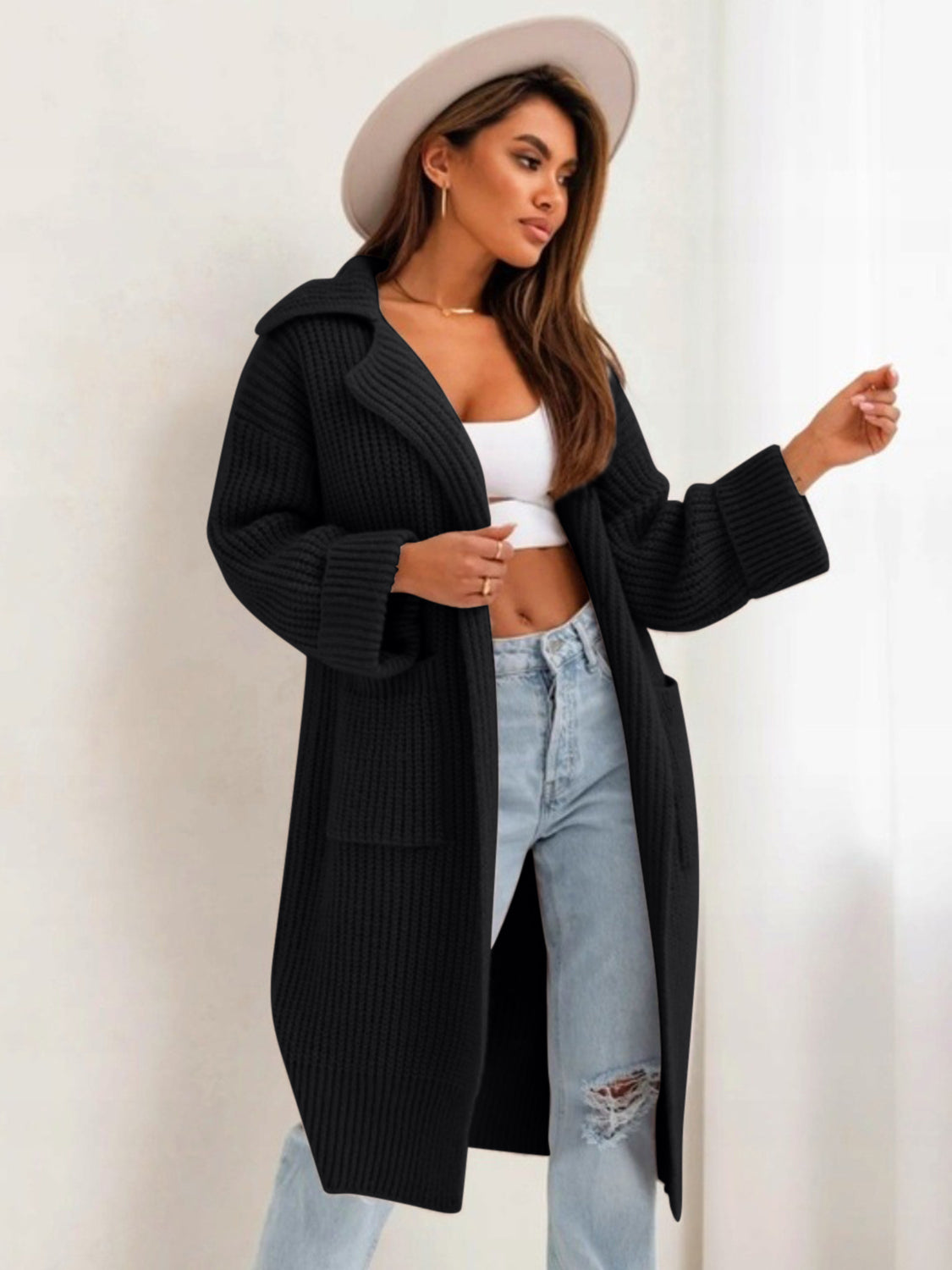 Pocketed Collared Neck Dropped Shoulder Cardigan - The Goddess Galleries