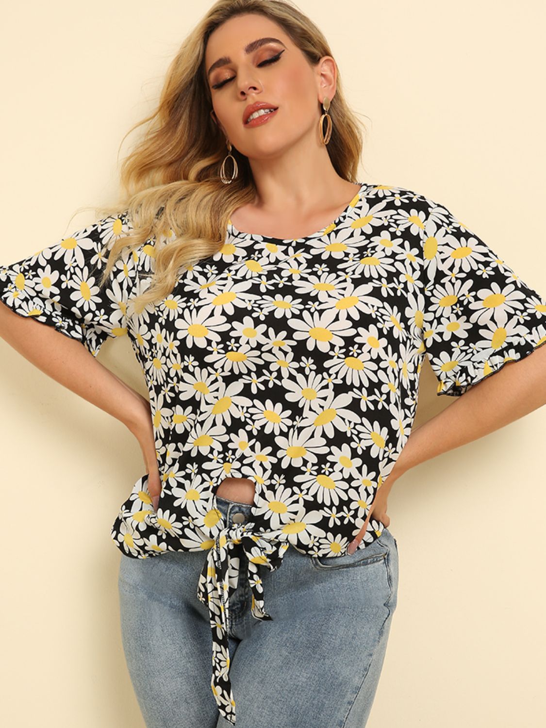 Plus Size Floral Round Neck Tie Hem Blouse - The Goddess Galleries