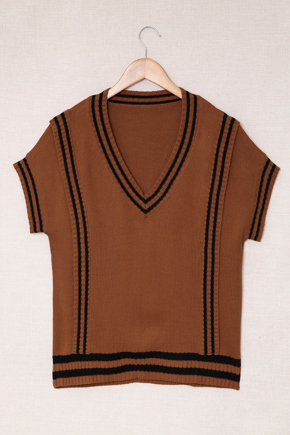 Striped Trim V-Neck Sweater Vest - The Goddess Galleries