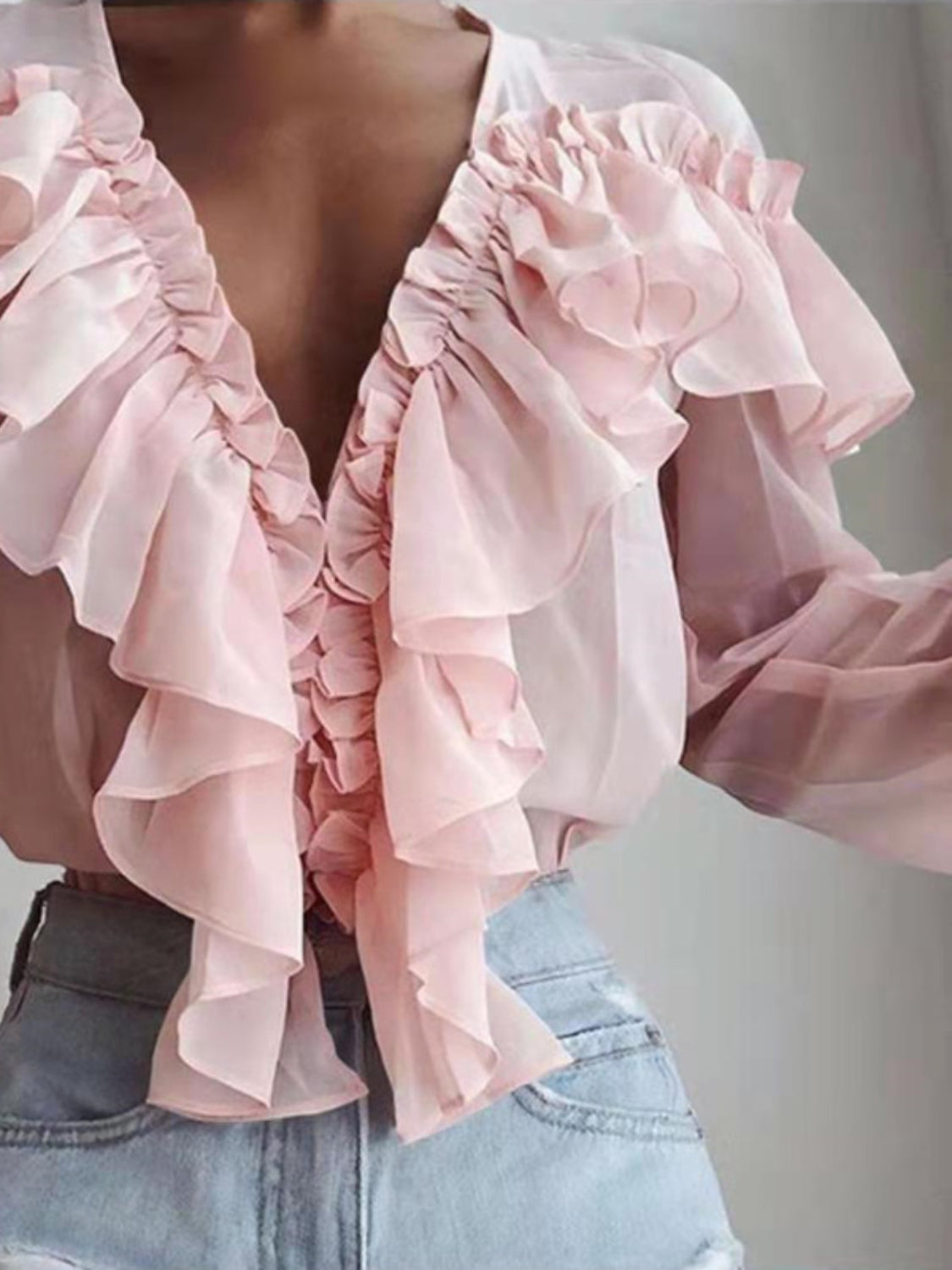 Ruffled V-Neck Long Sleeve Blouse - The Goddess Galleries