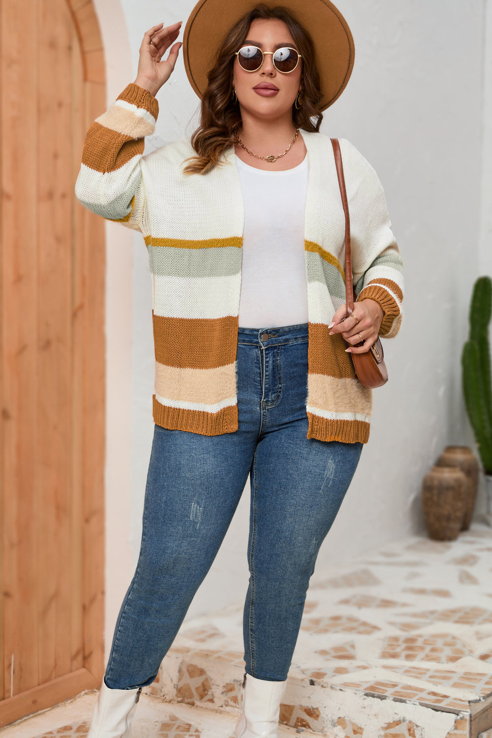 Plus Size Color Block Long Sleeve Cardigan - The Goddess Galleries
