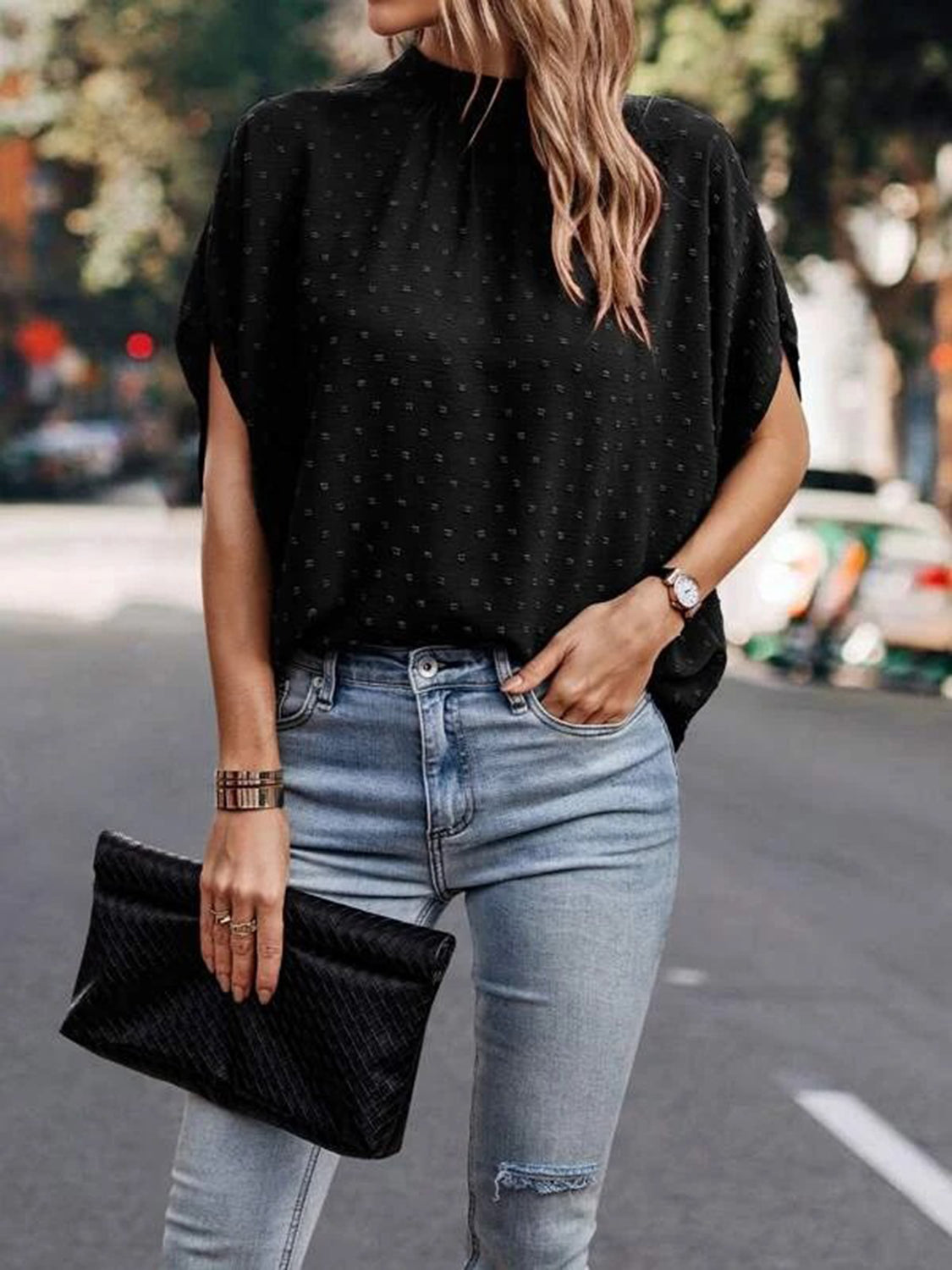 Swiss Dot Mock Neck Half Sleeve Blouse - The Goddess Galleries