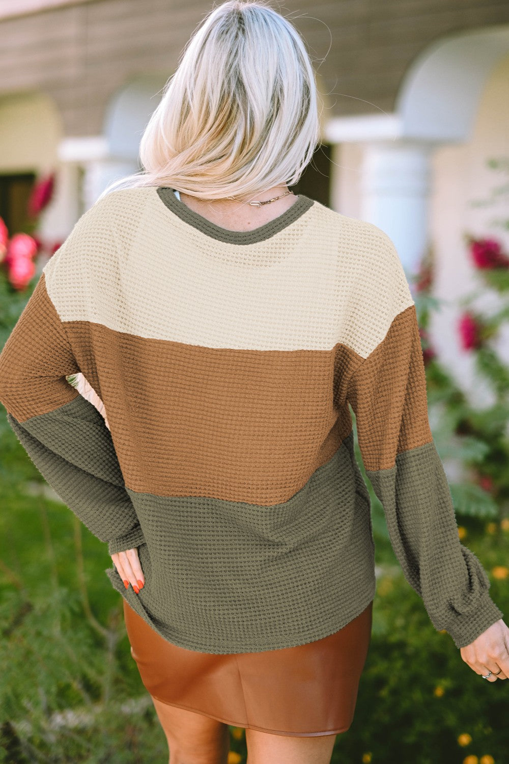 Waffle-Knit Color Block Round Neck Long Sleeve Blouse - The Goddess Galleries