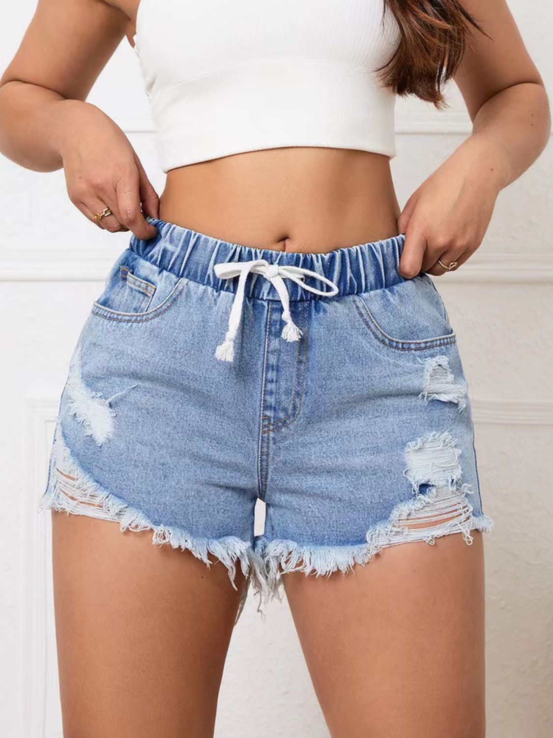 Distressed Drawstring Raw Hem Denim Shorts - The Goddess Galleries