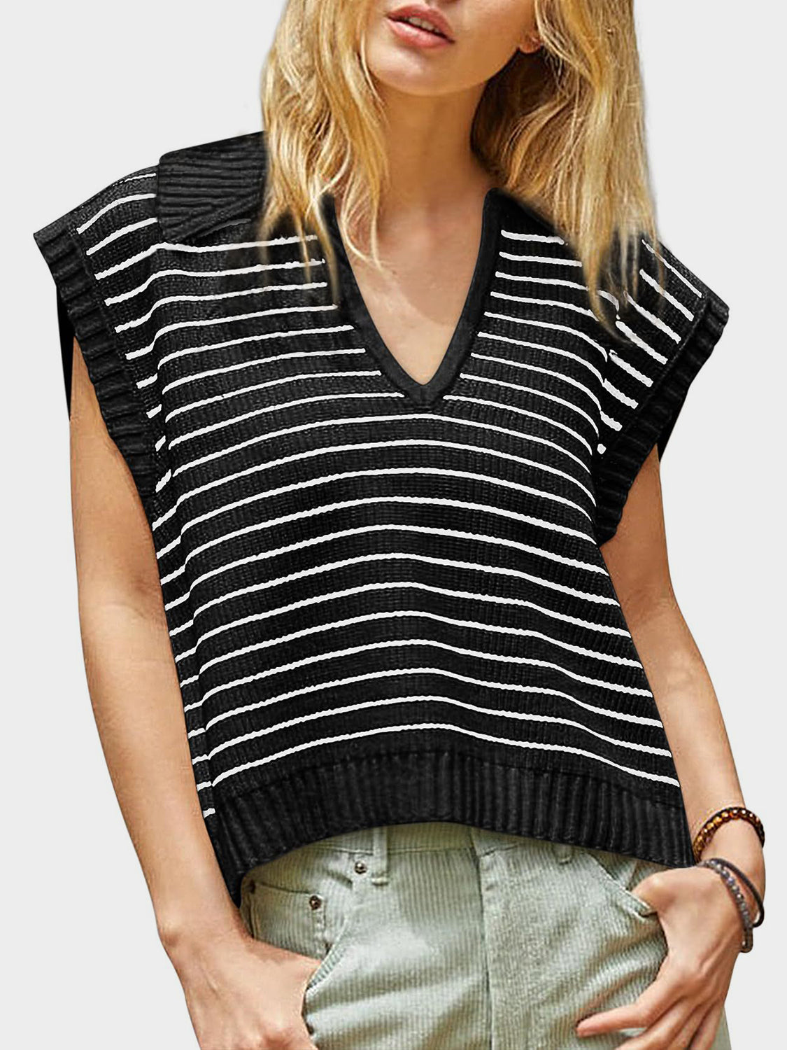 Mandy Collared Neck Striped Sweater Vest - The Goddess Galleries