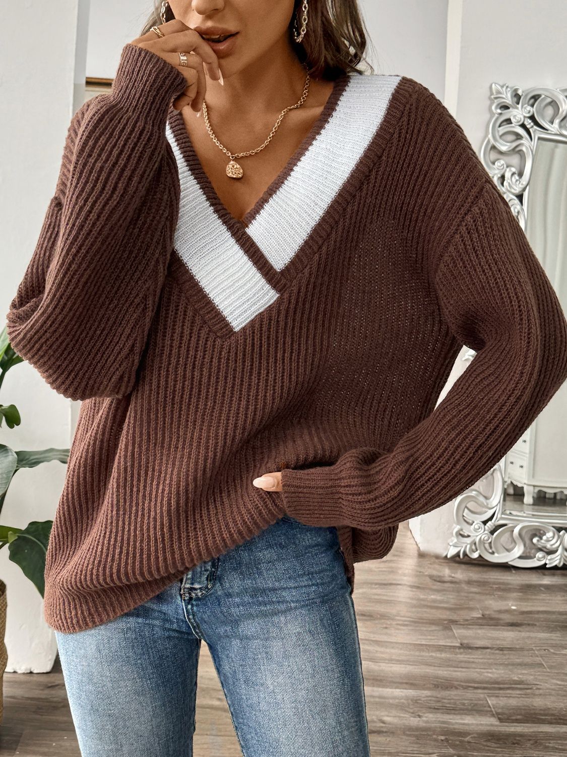 Contrast Dropped Shoulder Long Sleeve Sweater - The Goddess Galleries