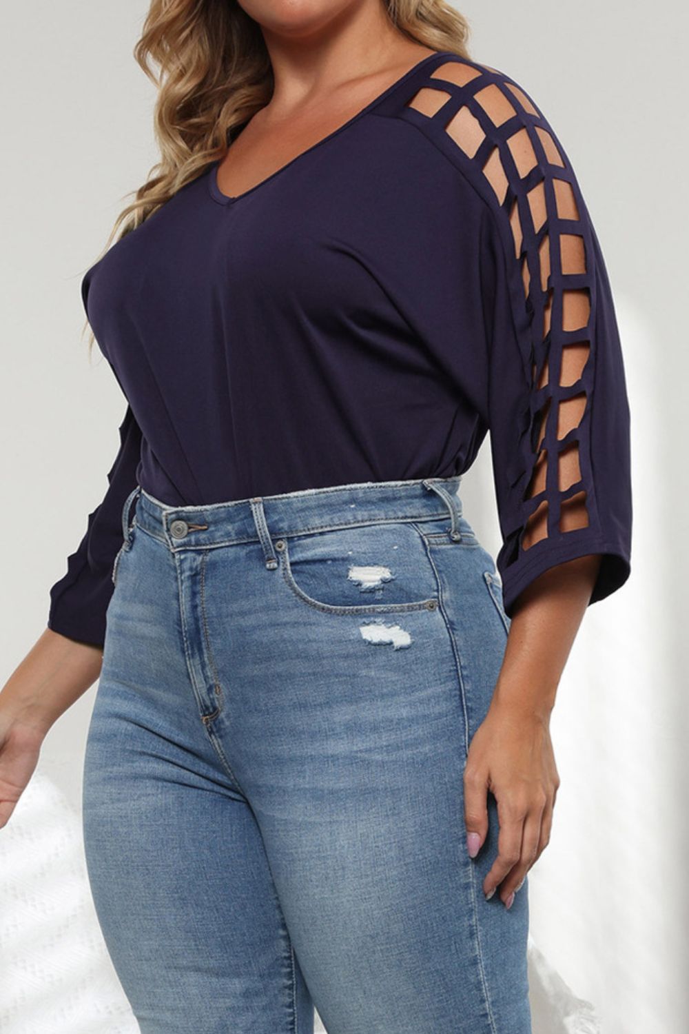 Plus Size Cutout Three-Quarter Sleeve Blouse - The Goddess Galleries