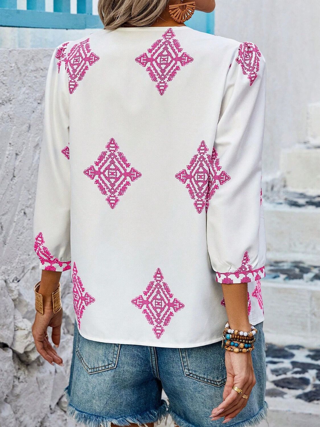 Printed V-Neck Three-Quarter Sleeve Blouse - The Goddess Galleries