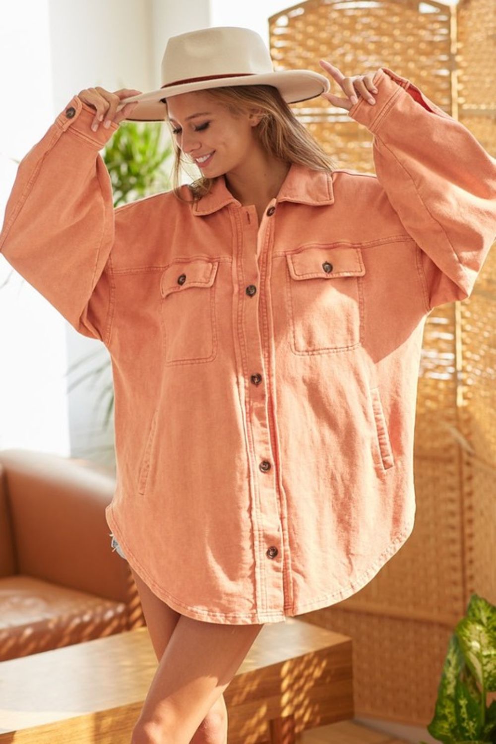 BiBi Washed Button Up Shacket with Chest Pockets - The Goddess Galleries