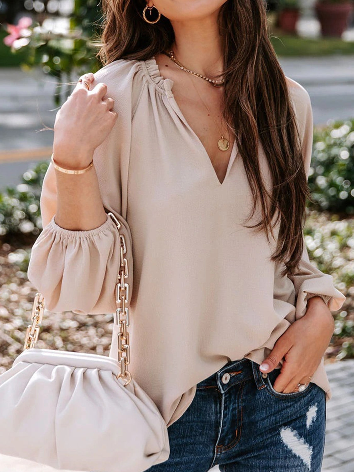 Ruched Notched Balloon Sleeve Blouse - The Goddess Galleries