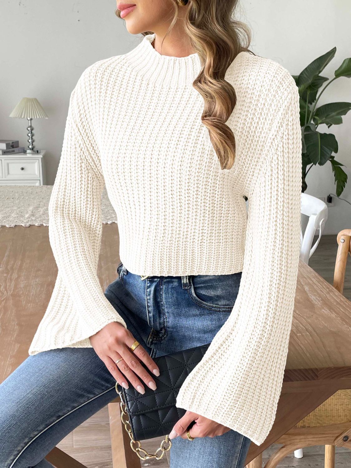 Mock Neck Long Sleeve Sweater - The Goddess Galleries