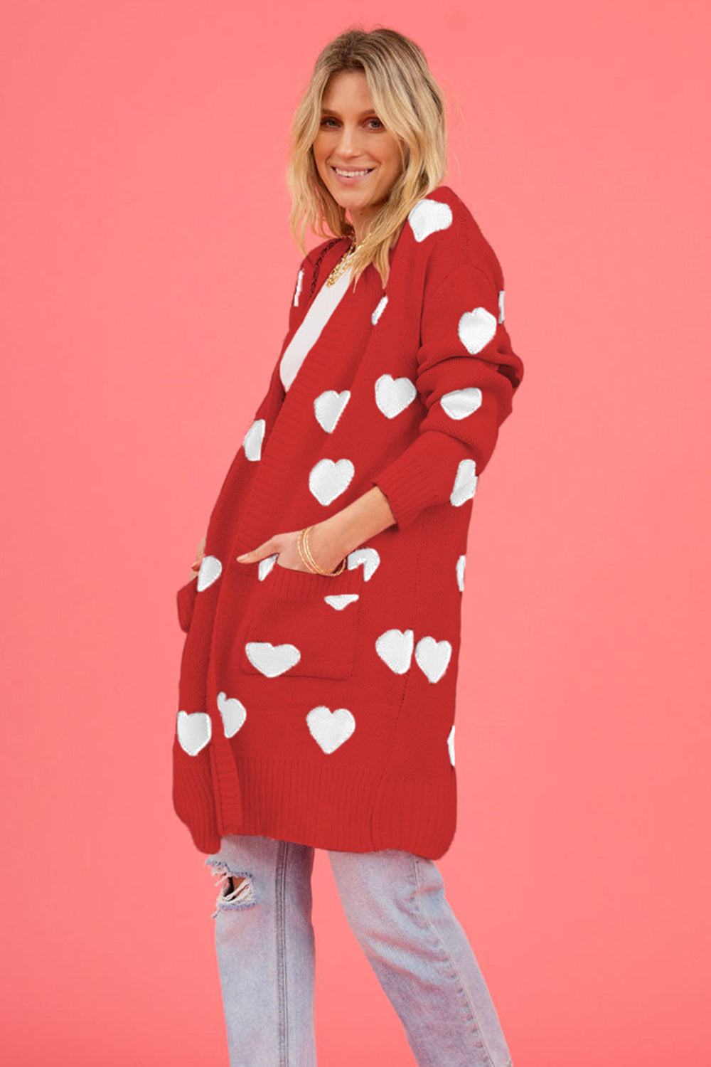 Heart Graphic Open Front Cardigan with Pockets - The Goddess Galleries