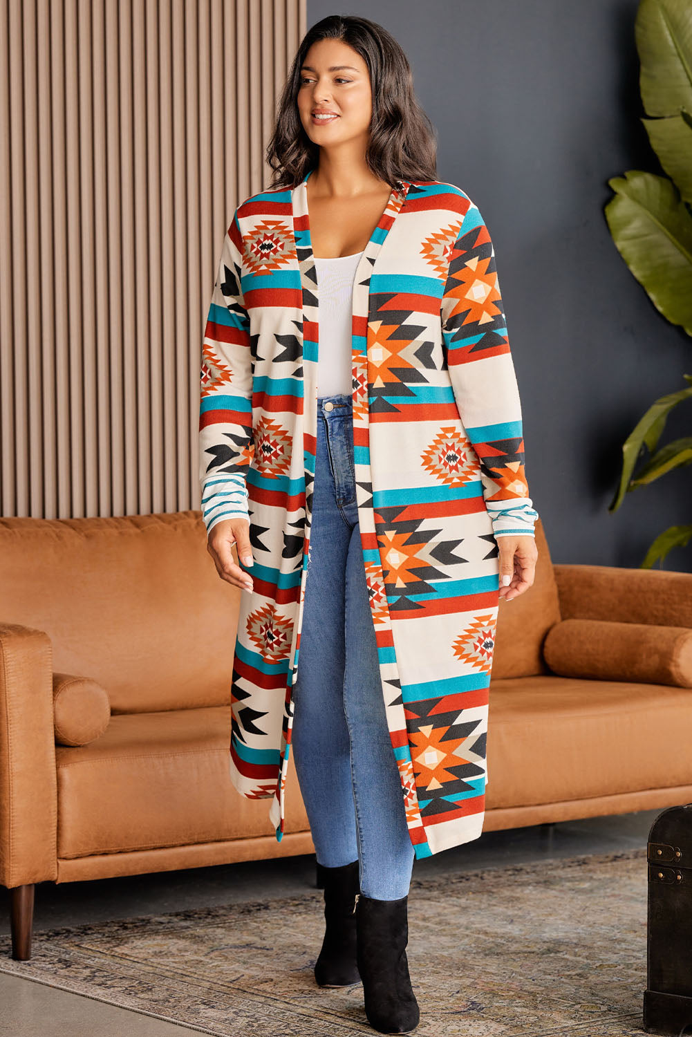 Plus Size Geometric Open Front Longline Cardigan - The Goddess Galleries