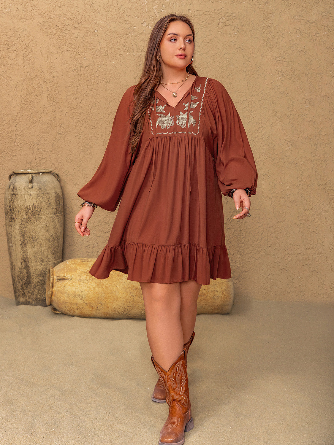 Plus Size Embroidered Tie Neck Balloon Sleeve Mini Dress - The Goddess Galleries