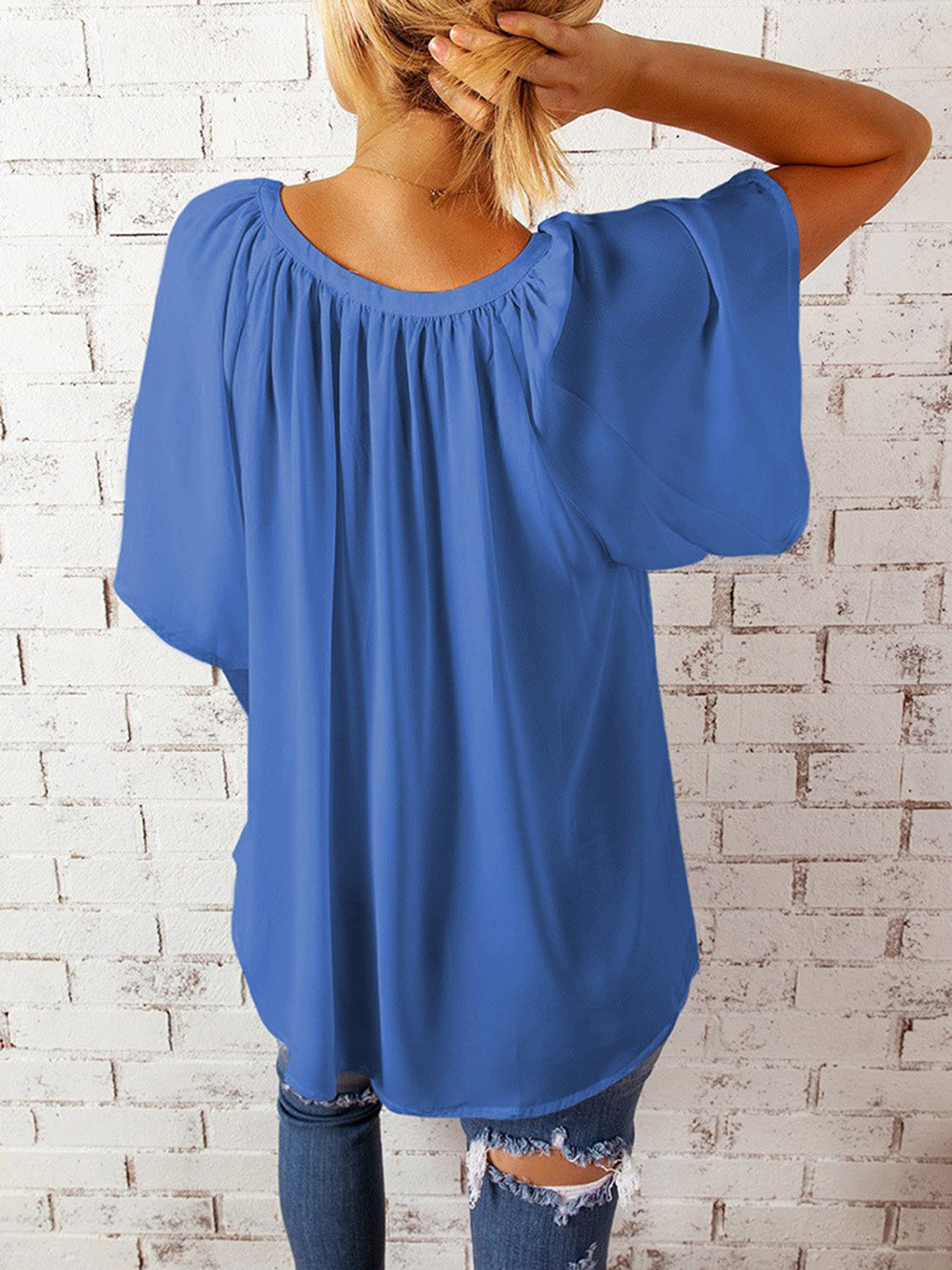 Ruched Notched Half Sleeve Blouse - The Goddess Galleries