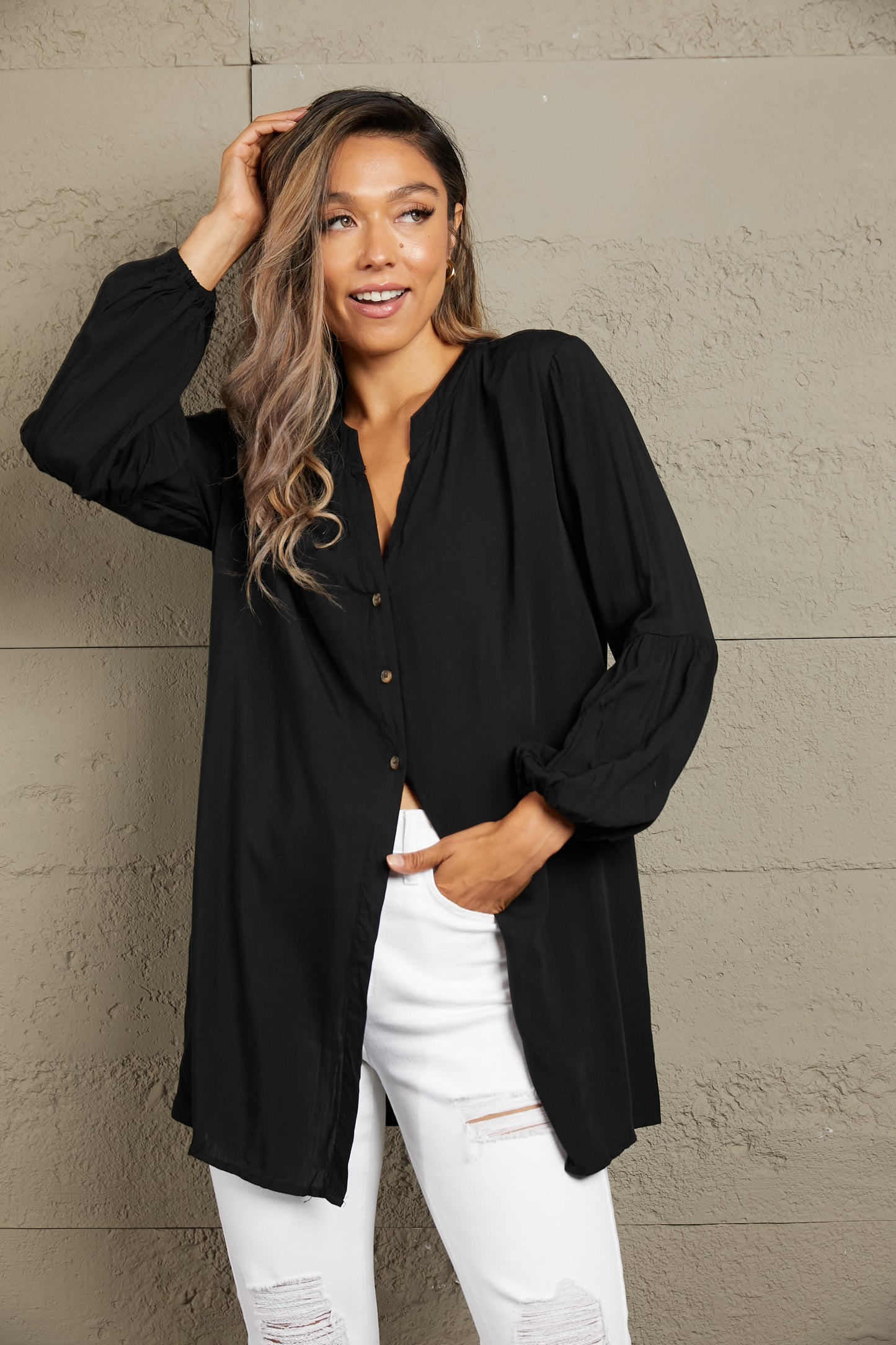 Ivy Lane Notched Neck Balloon Sleeve Shirt - The Goddess Galleries