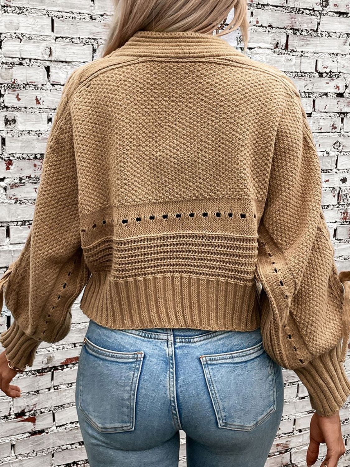 Cable-Knit Tied Open Front Lantern Sleeve Cardigan - The Goddess Galleries