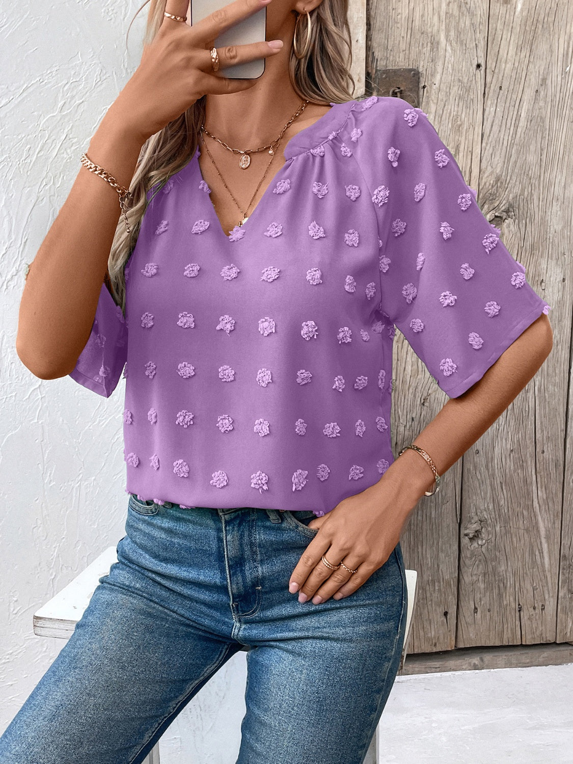 Ivy Lane Swiss Dot Notched Half Sleeve Blouse - The Goddess Galleries
