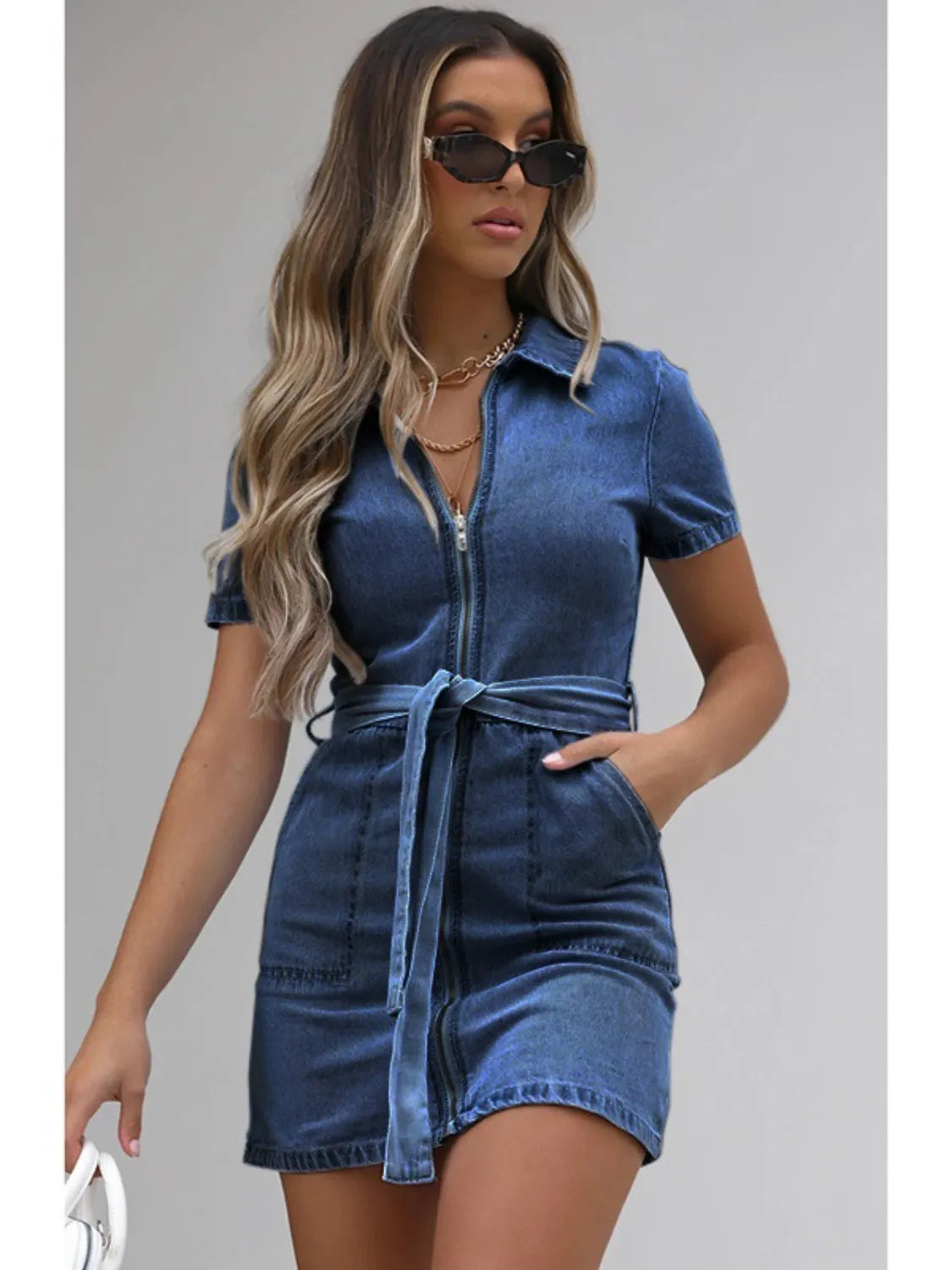 Full Size Zip Front Short Sleeve Denim Dress Plus Size - The Goddess Galleries