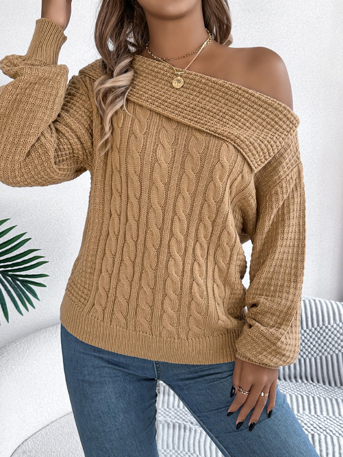 Cable-Knit One Shoulder Long Sleeve Sweater - The Goddess Galleries