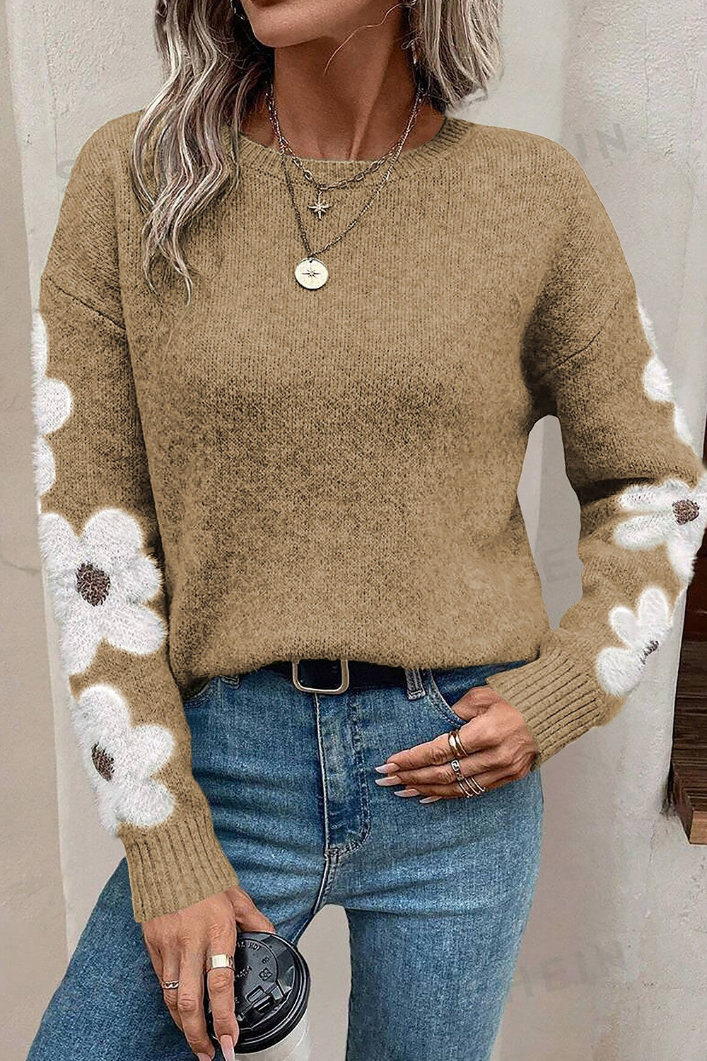 Flower Round Neck Long Sleeve Sweater - The Goddess Galleries