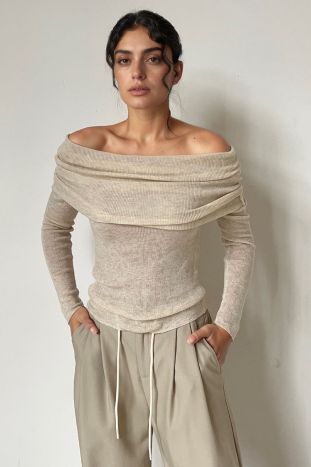 Off-Shoulder Long Sleeve Knit Top - The Goddess Galleries
