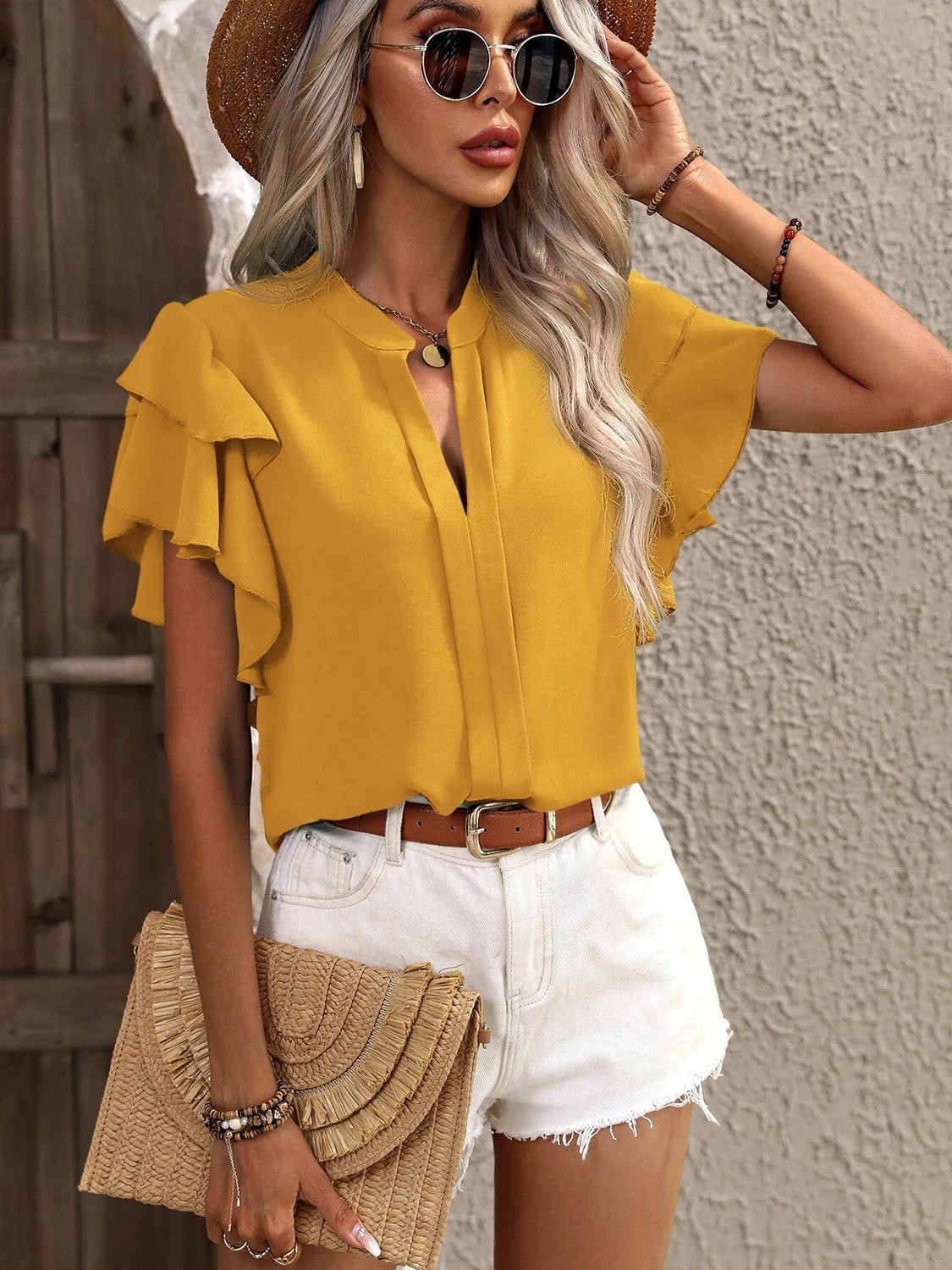 Ruffled Notched Short Sleeve Blouse - The Goddess Galleries