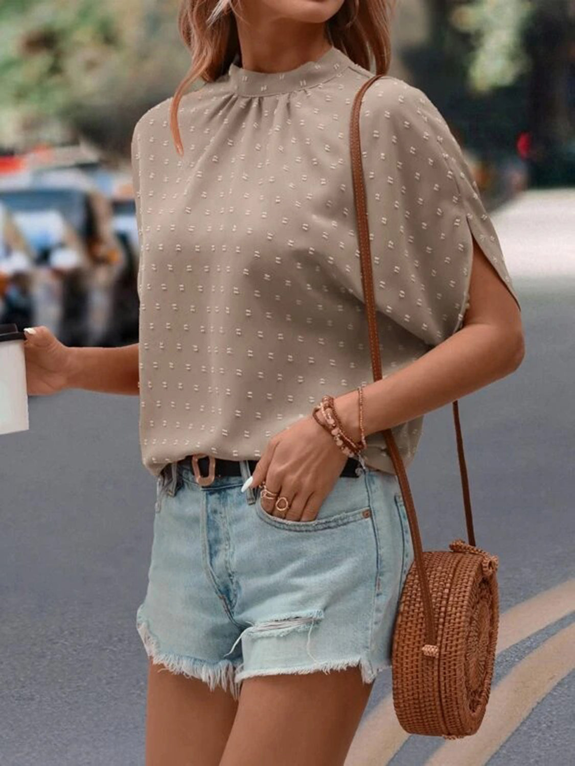 Swiss Dot Mock Neck Half Sleeve Blouse - The Goddess Galleries