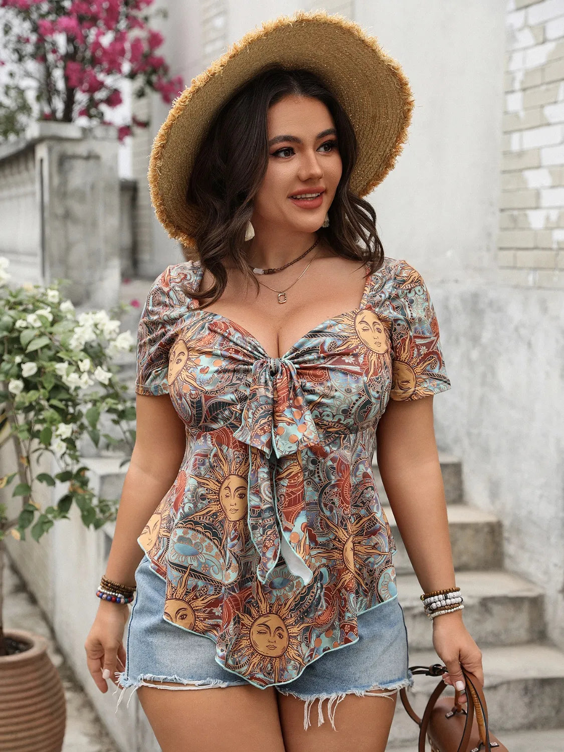 Plus Size Printed Sweetheart Neck Short Sleeve Blouse - The Goddess Galleries