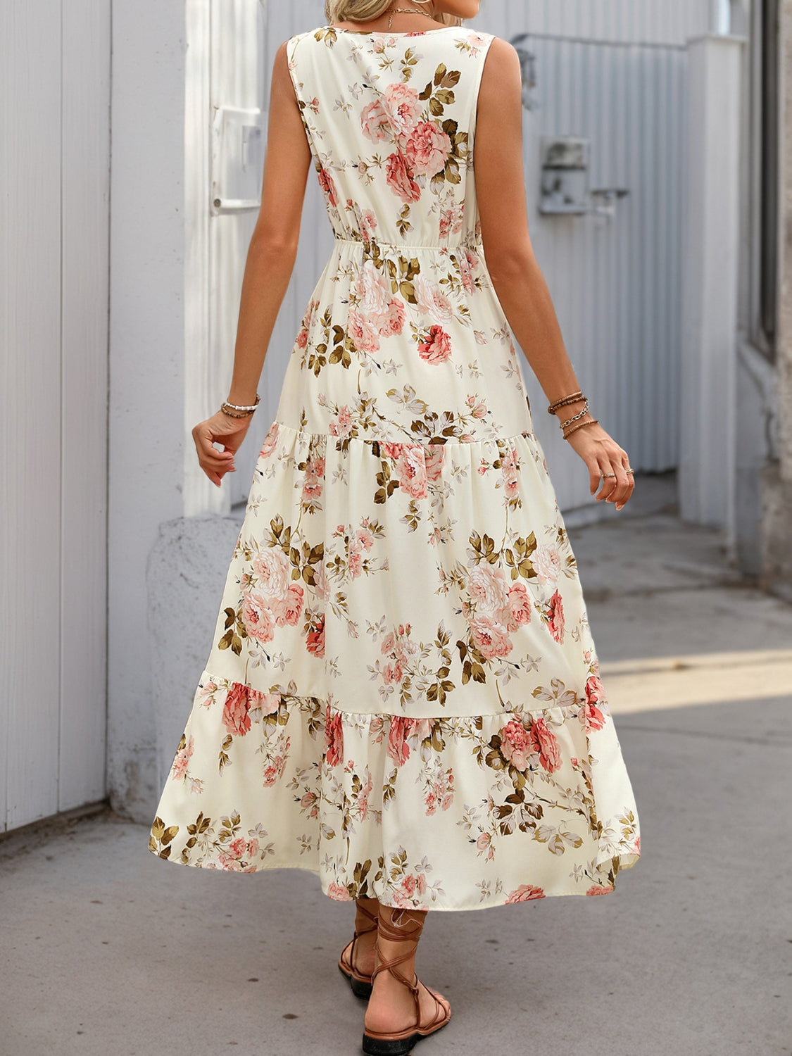 Printed Ruffled Hem V-Neck Sleeveless Dress - The Goddess Galleries