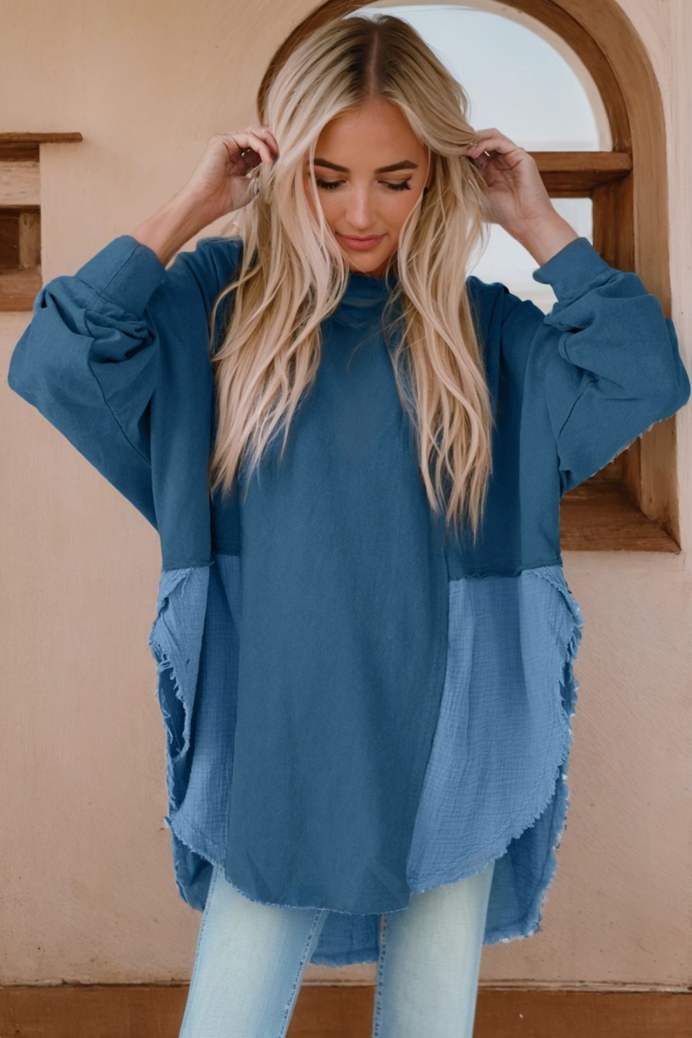 Contrast Texture Round Neck Long Sleeve Blouse - The Goddess Galleries