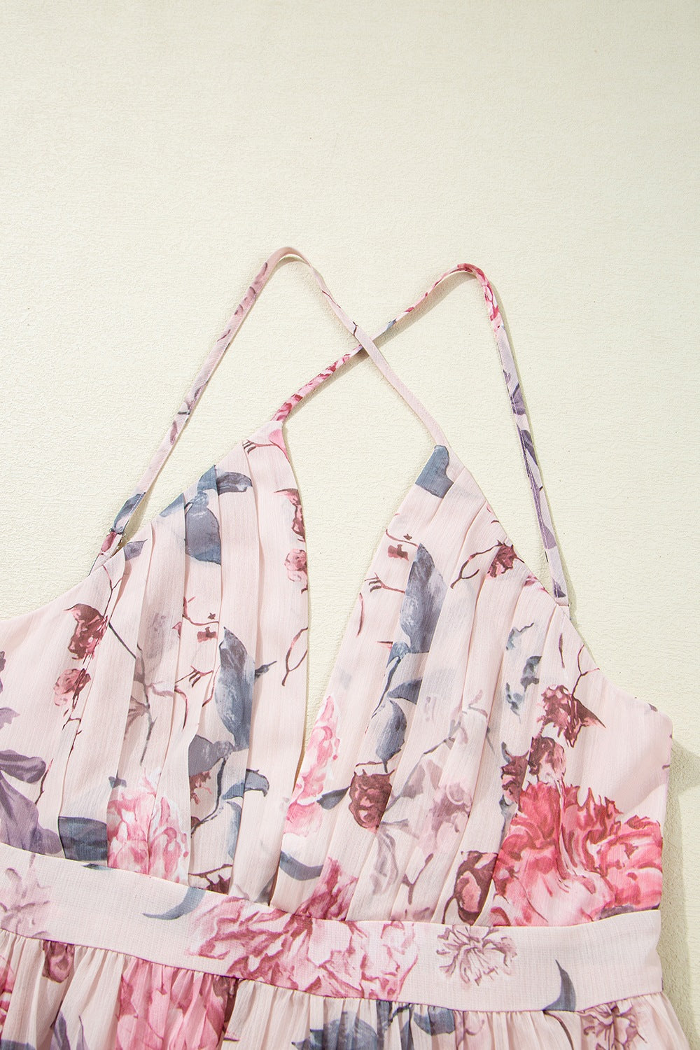 Floral Pleated Deep V Backless Maxi Dress - The Goddess Galleries