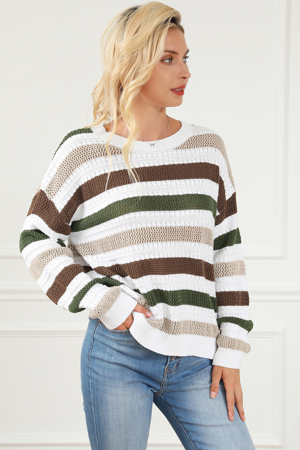 Striped Openwork Dropped Shoulder Sweater - The Goddess Galleries