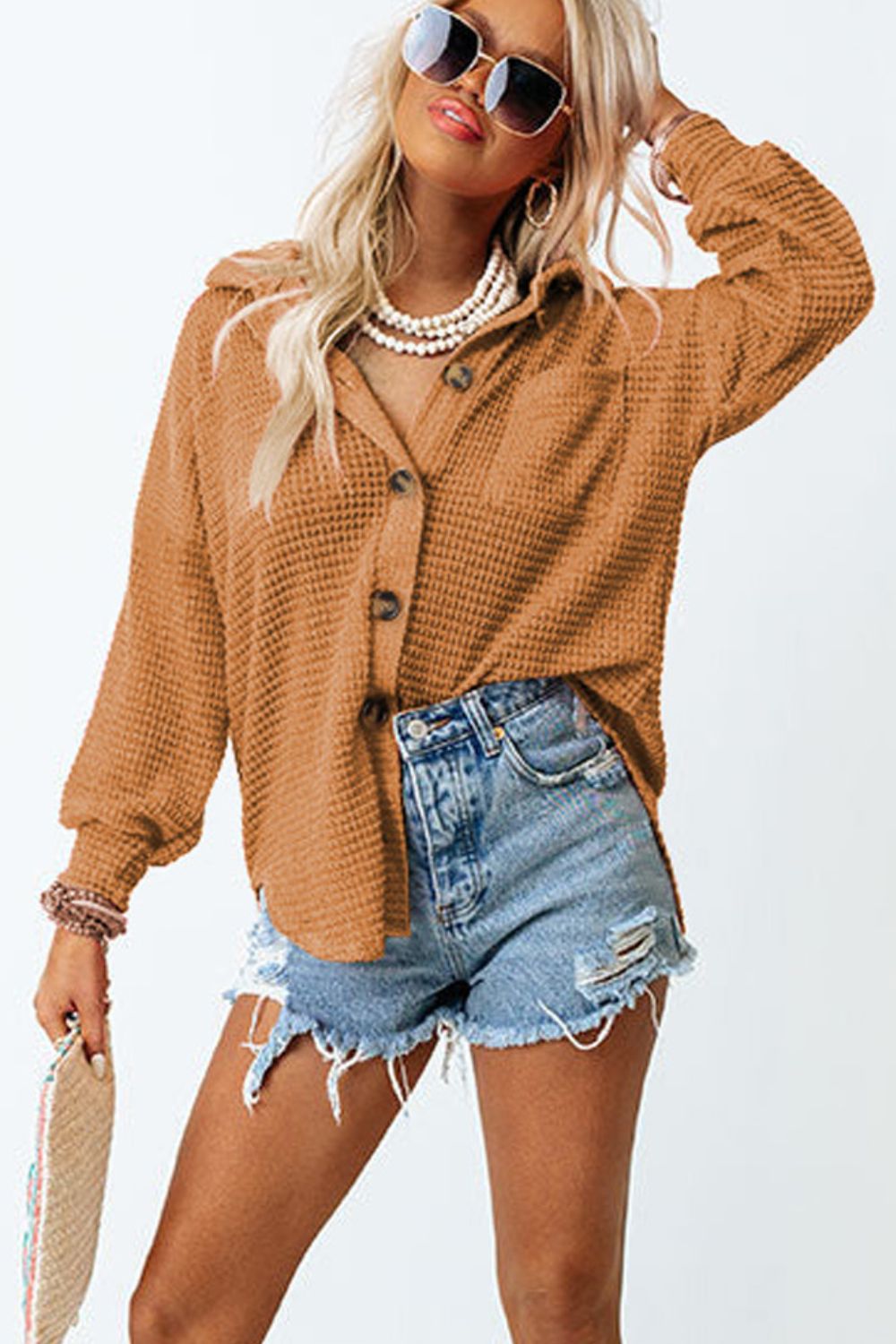 Waffle-Knit Collared Neck Long Sleeve Shirt - The Goddess Galleries