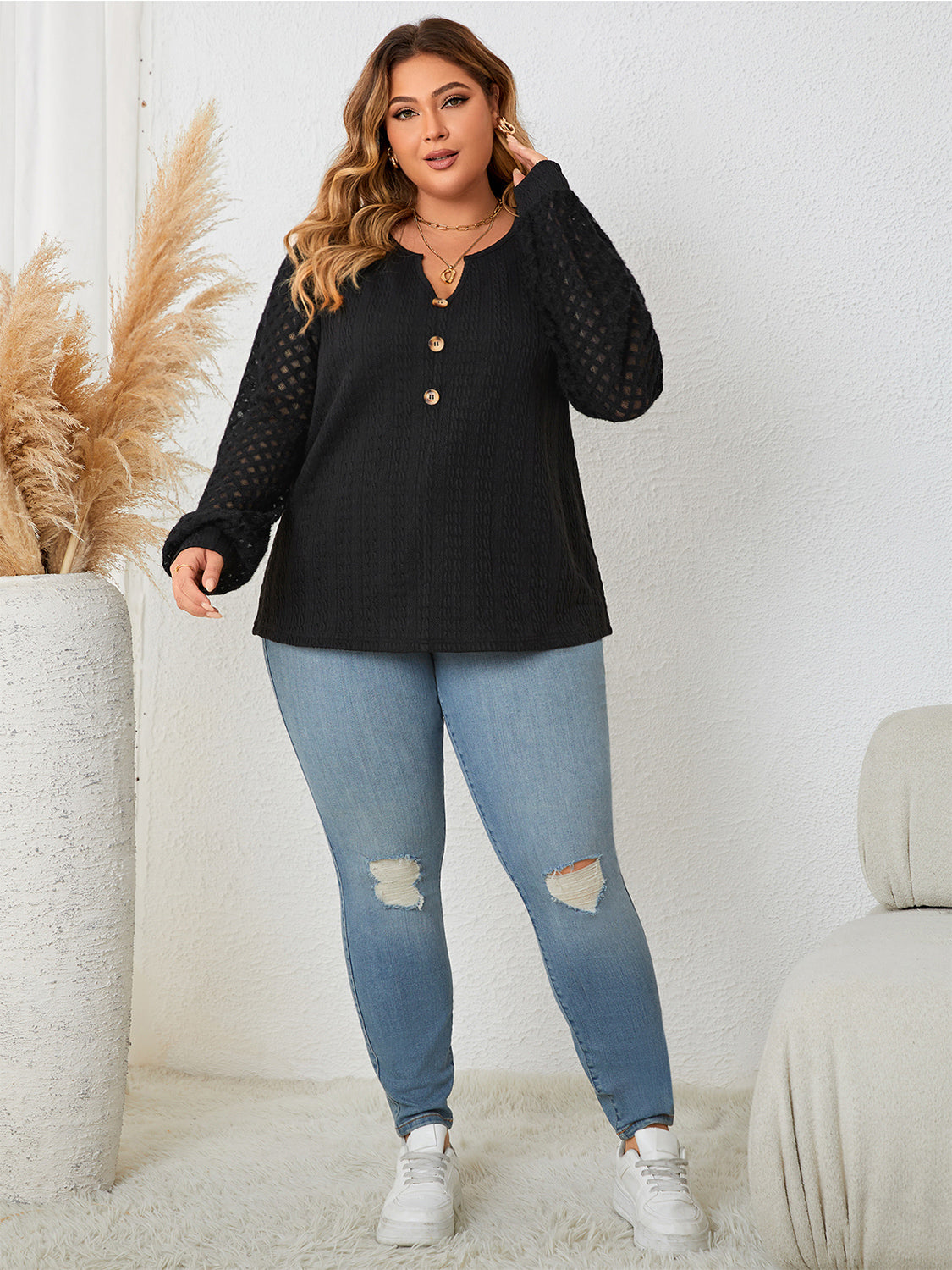 Honey Plus Size Openwork Notched Button Front Blouse - The Goddess Galleries