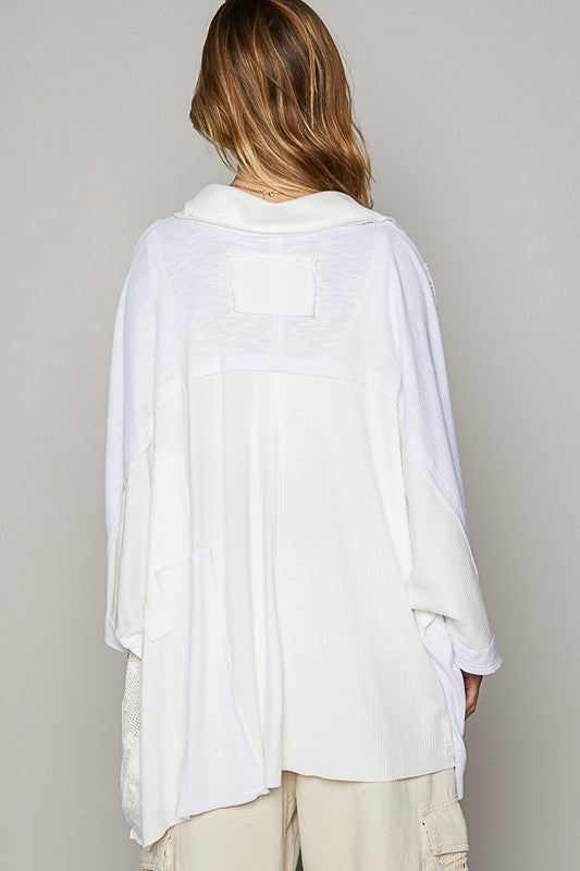 POL Crochet Patchwork Frayed Edge Half Button Knit Top - The Goddess Galleries