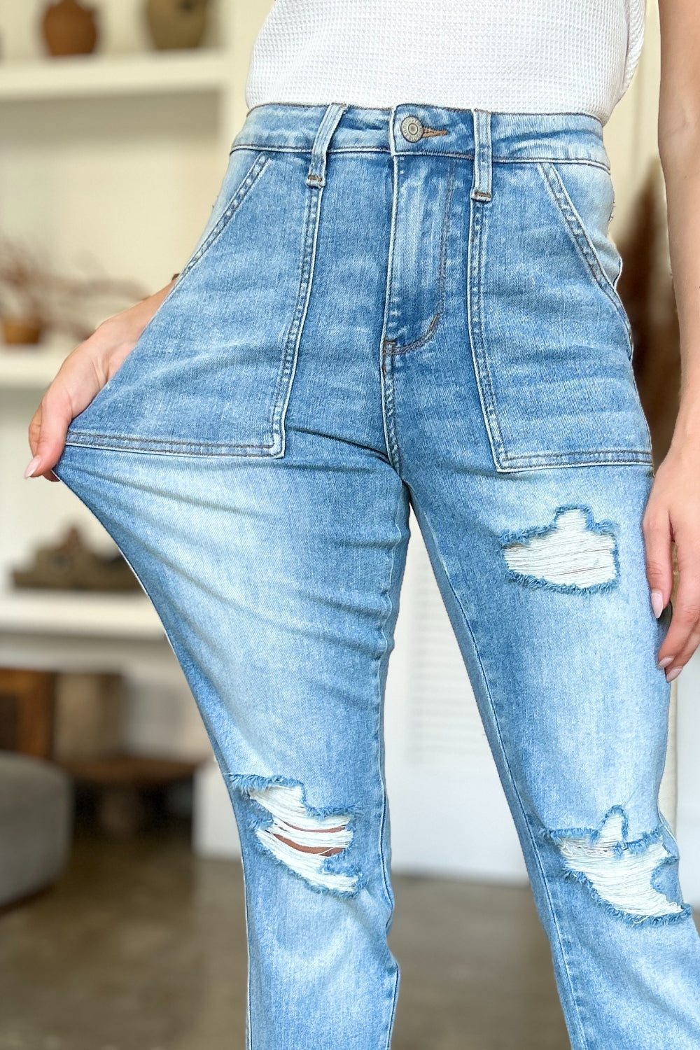 Judy Blue Full Size Distressed Straight Jeans with Patch Pockets - The Goddess Galleries