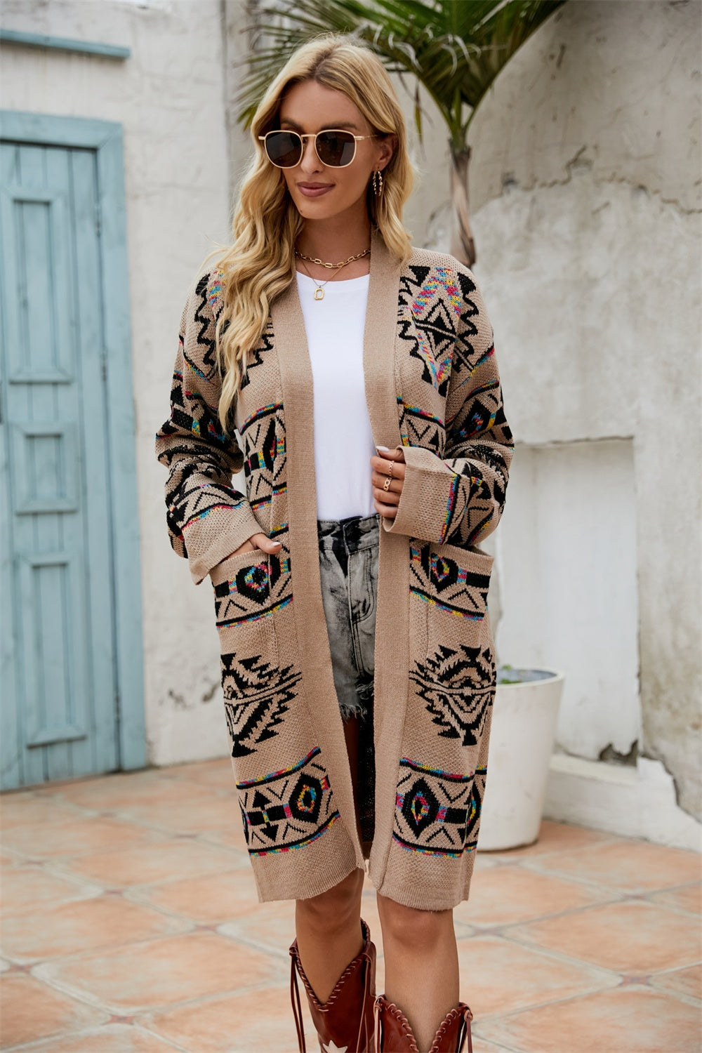 Angel Wings Pocketed Geometric Open Front Dropped Shoulder Cardigan - The Goddess Galleries
