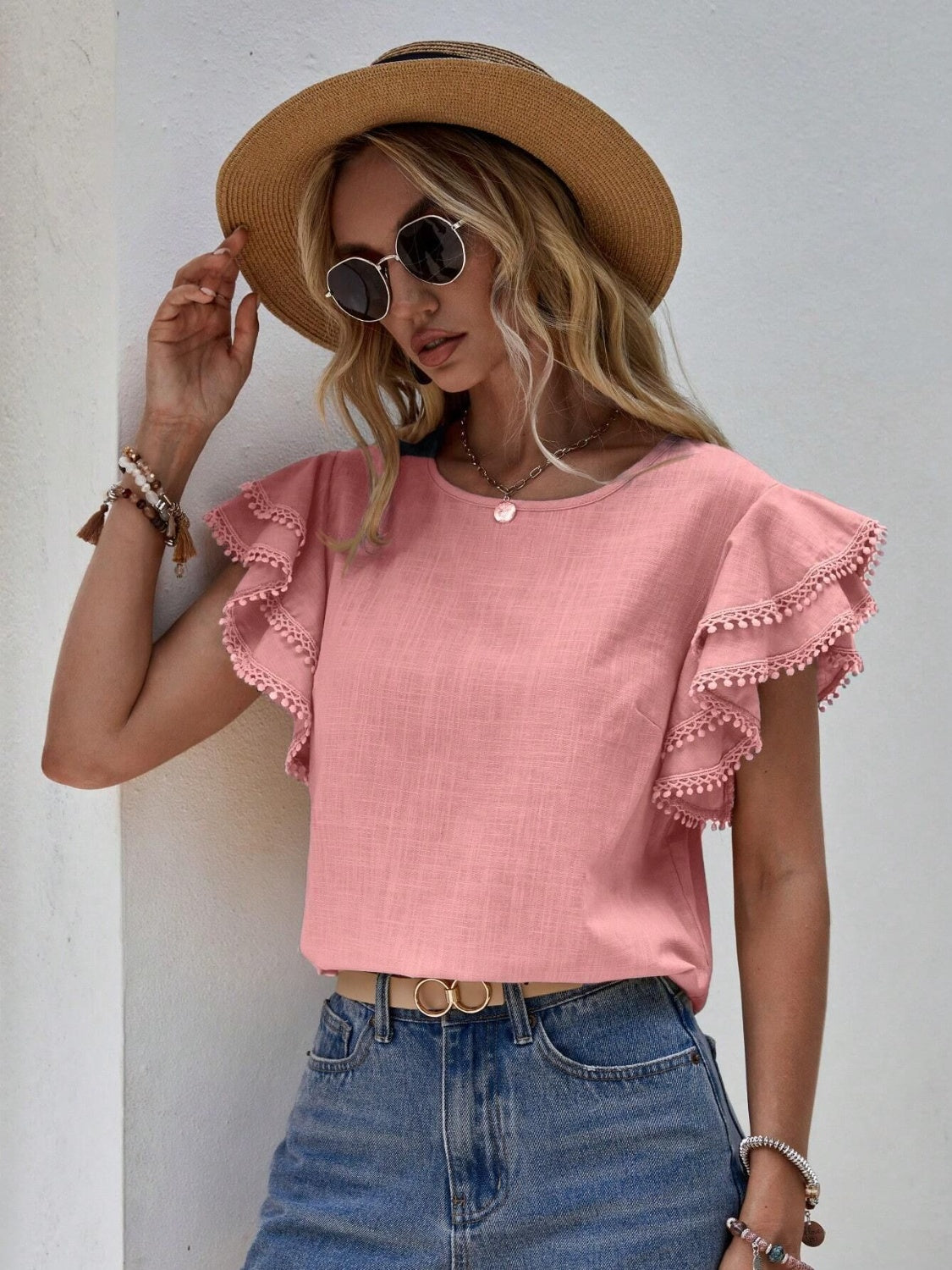 Ruffled Cap Sleeve Round Neck Blouse - The Goddess Galleries