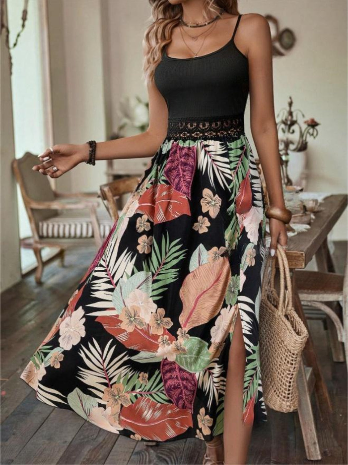 Slit Printed Scoop Neck Cami Dress - The Goddess Galleries