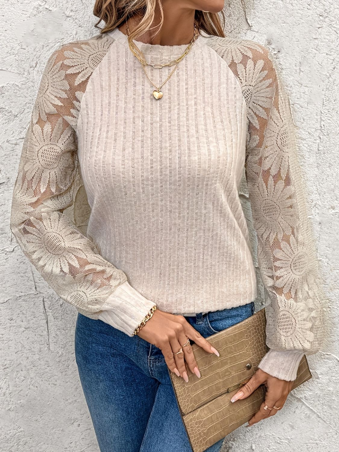 Round Neck Lace Patchwork Long Sleeve Top - The Goddess Galleries