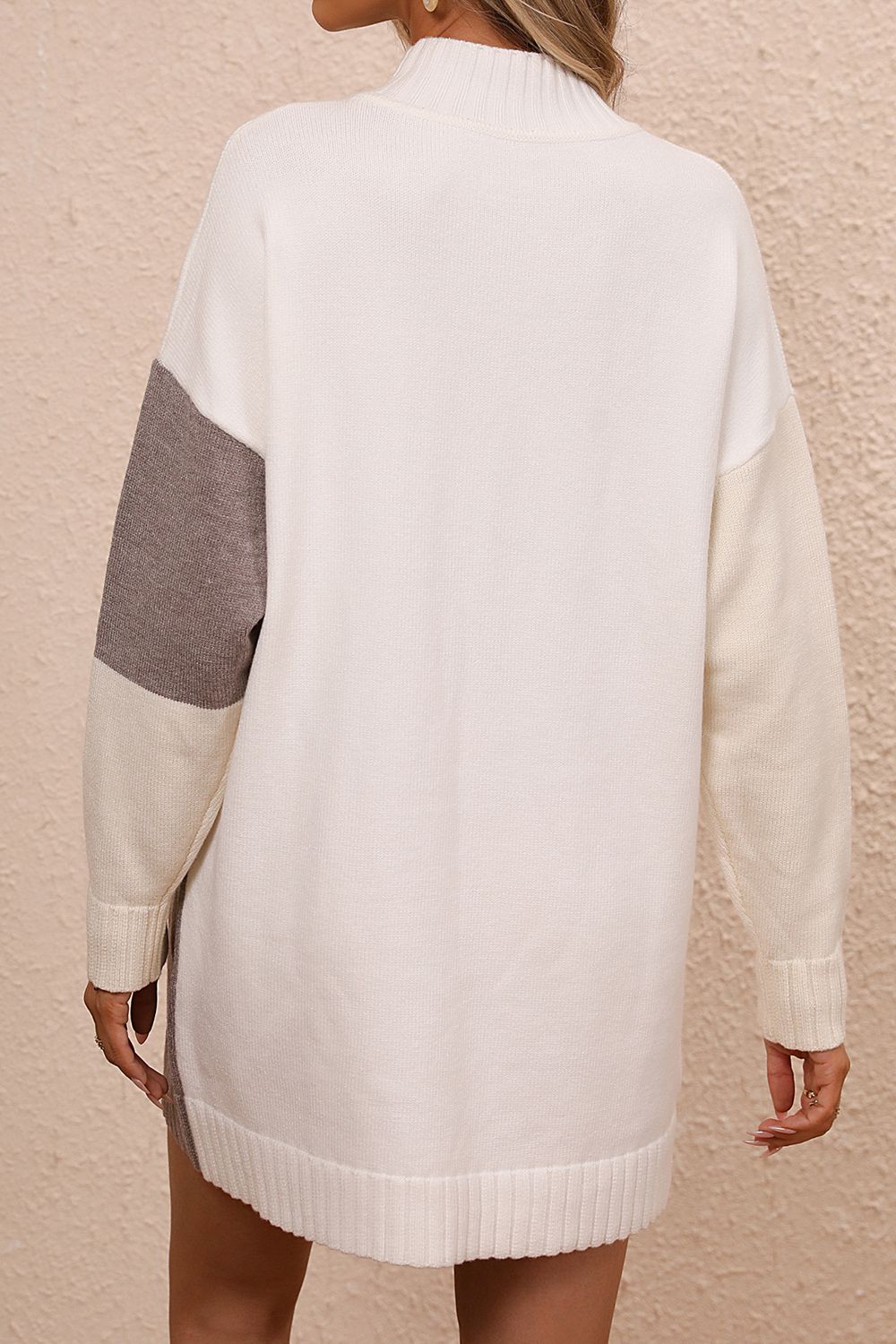 Color Block Mock Neck Dropped Shoulder Sweater Dress - The Goddess Galleries