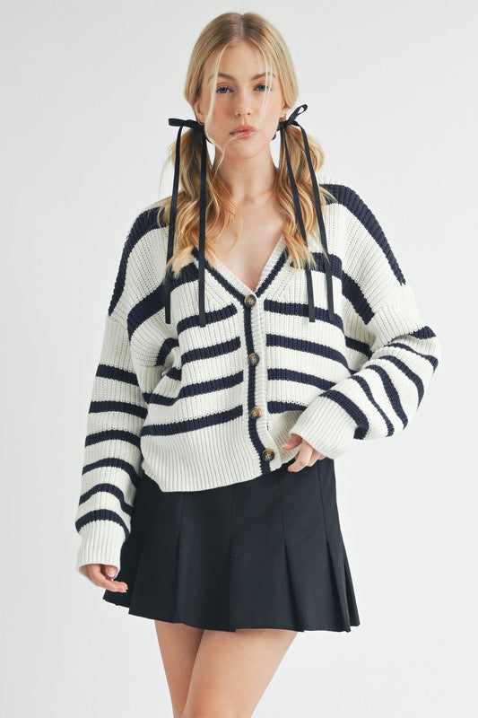Aemi + Co Striped V-Neck Button Down Cardigan - The Goddess Galleries