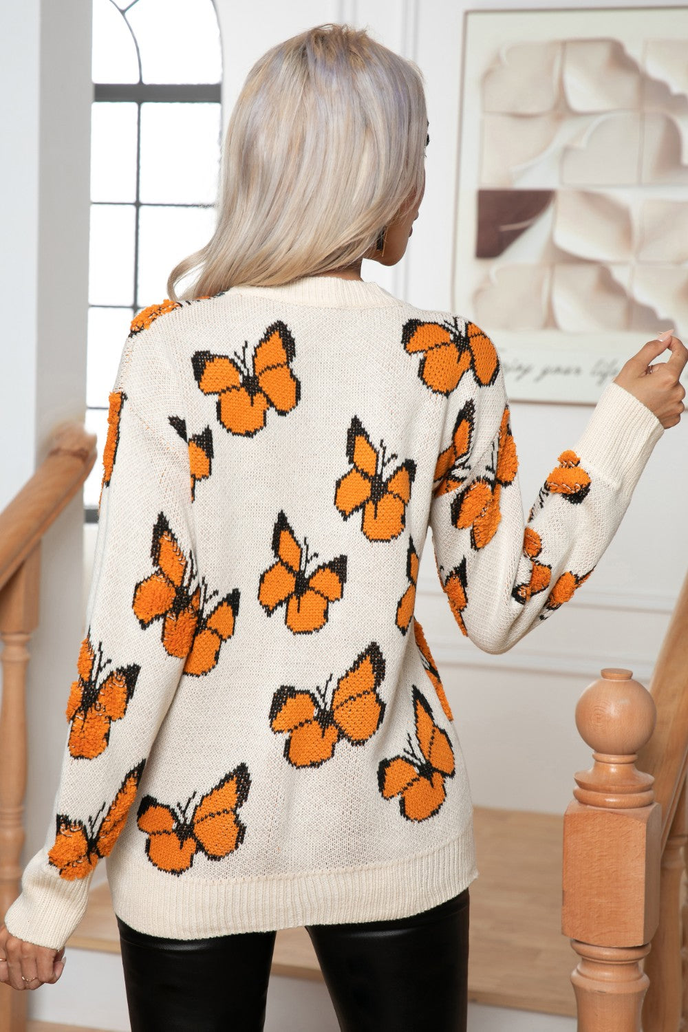 Butterfly Round Neck Long Sleeve Sweater - The Goddess Galleries