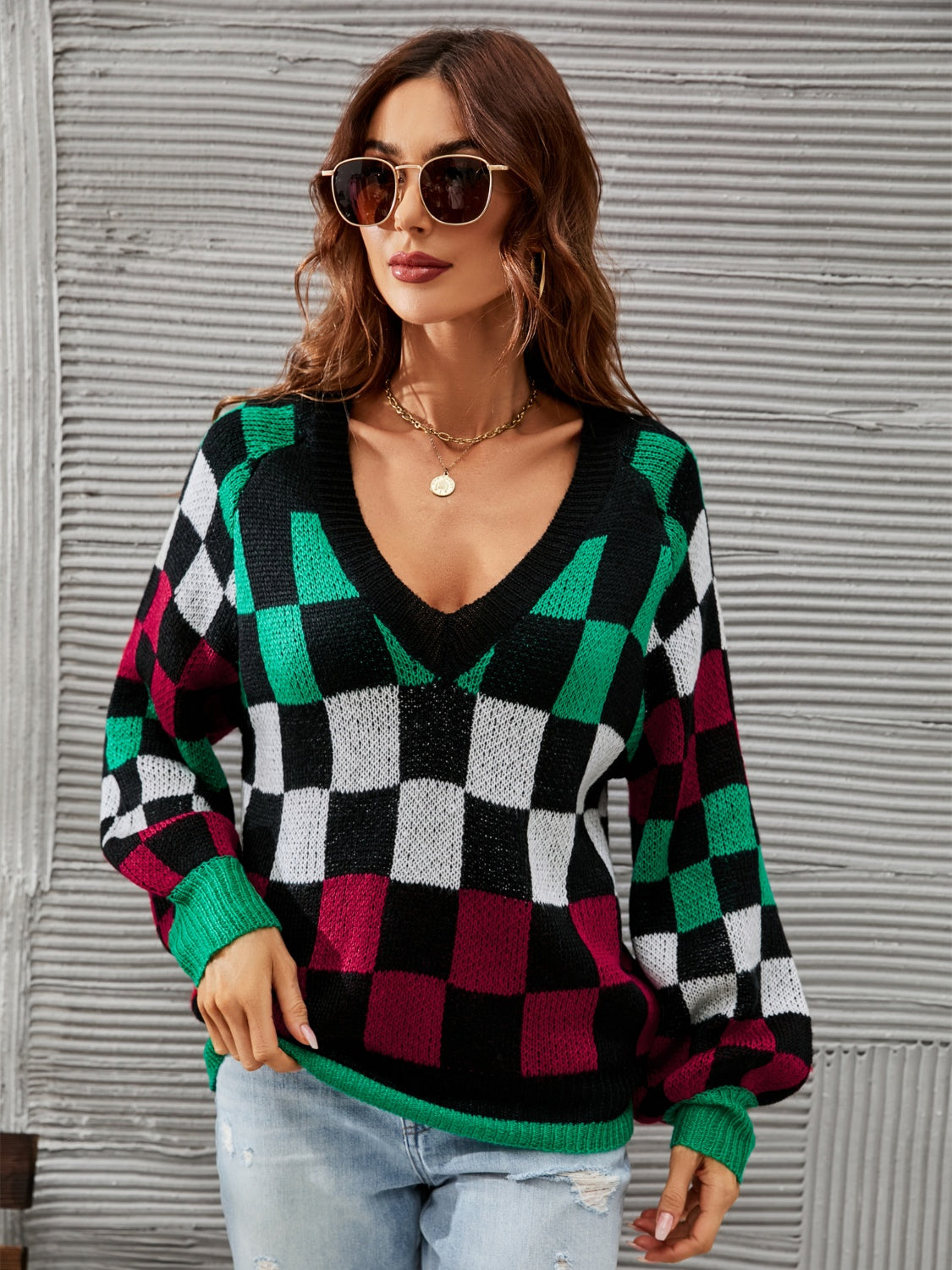 Angel Wings Checkered V-Neck Lantern Sleeve Sweater - The Goddess Galleries