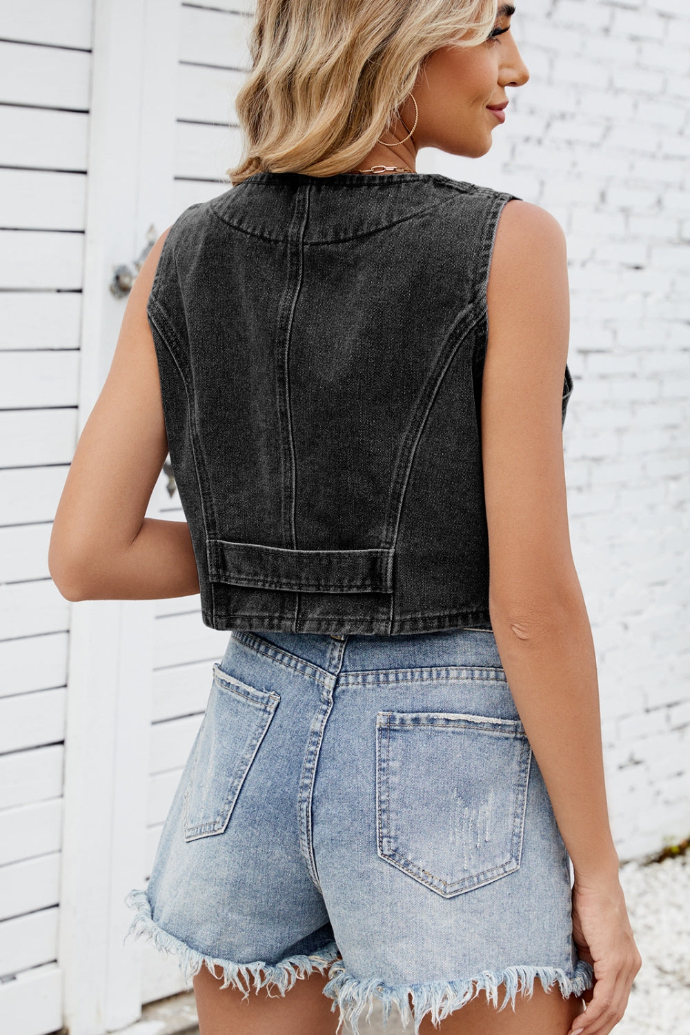 Button Down V-Neck Denim Vest - The Goddess Galleries