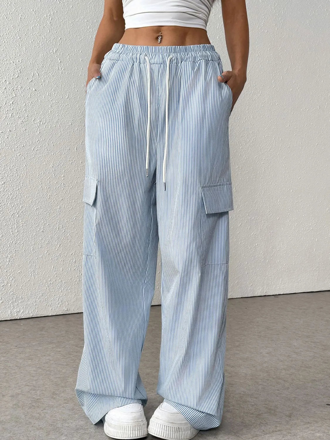 Drawstring Striped Wide Leg Cargo Pants - The Goddess Galleries