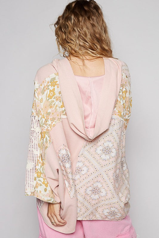 POL Crochet Patch Lace Detail Button Detail Floral Hooded Top - The Goddess Galleries