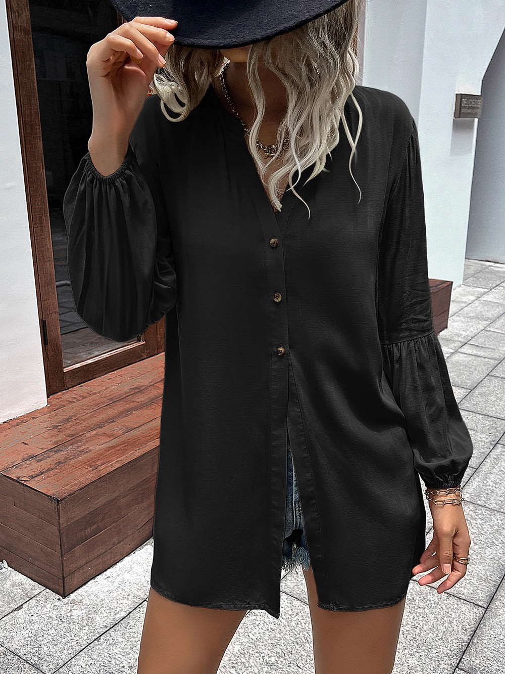 Ivy Lane Notched Neck Balloon Sleeve Shirt - The Goddess Galleries